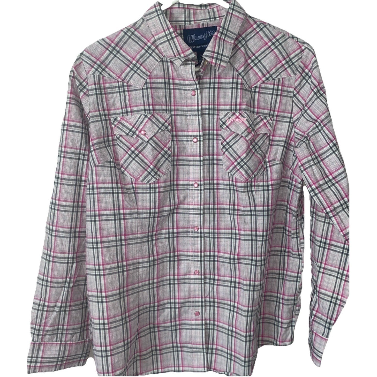 Wrangler Pearl Snap Plaid Shirt Pink Womens L Breast Cancer Awareness Charity